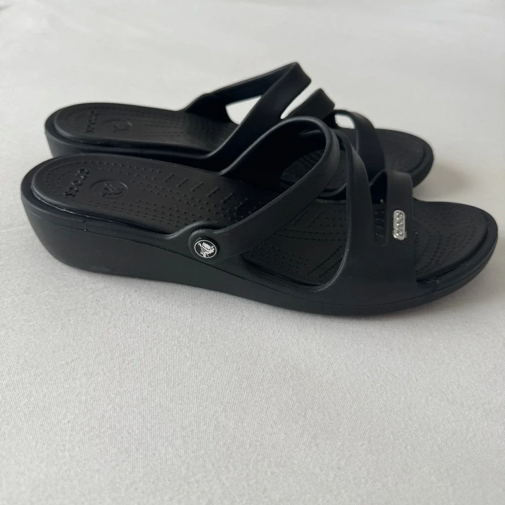 Crocs Patricia Wedge Sandals Womens 8 Black Multi Strap Slip On Shoes Comfort